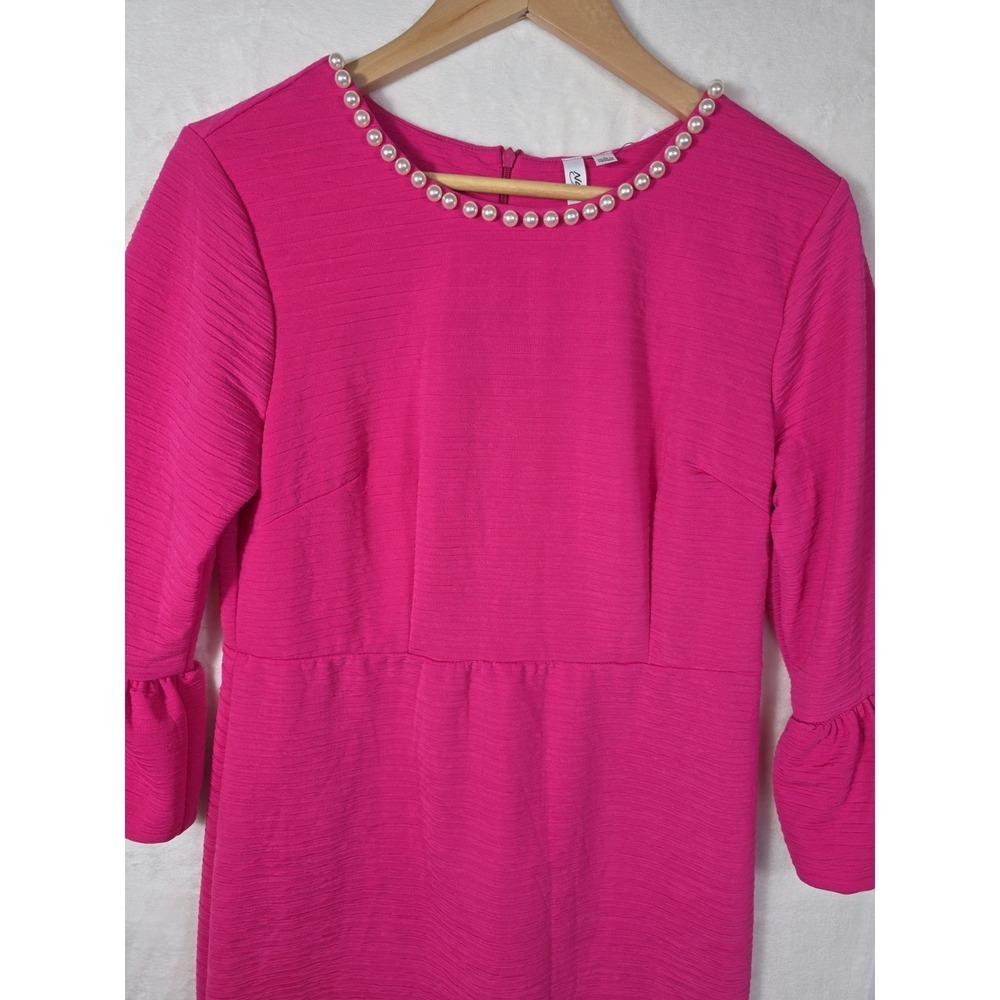 NWT NY Collection Pink Pearl Neck Shift Dress Large L Hot Pink Bell Sleeve - Picture 3 of 11